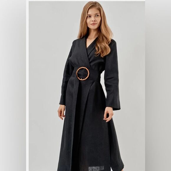 SLEEPER Womens Black Tie Long Sleeve Midi Cocktail Wrap linen Dress size 2 - Picture 1 of 16